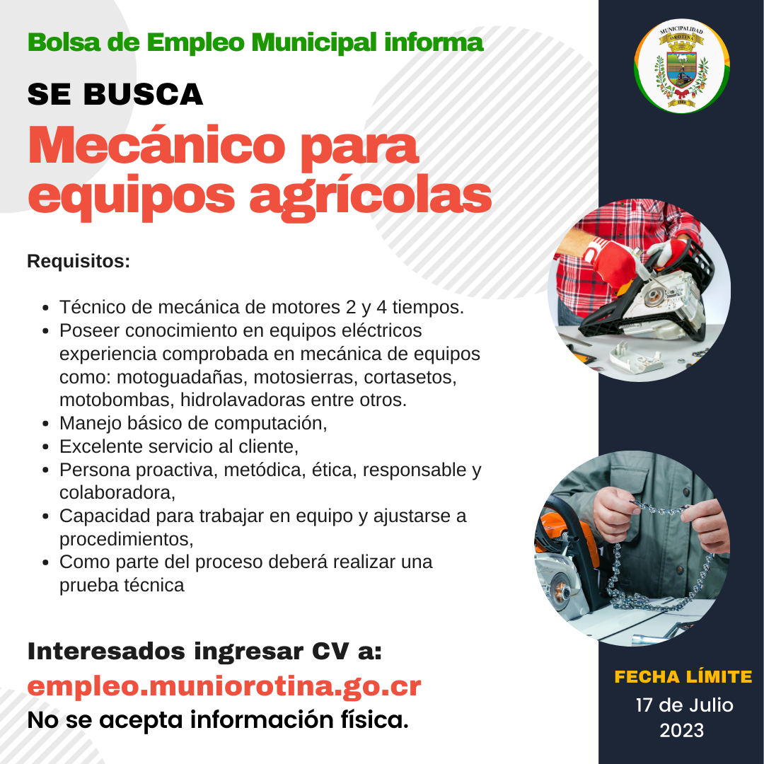 SE BUSCA MECÁNICO PARA EQUIPOS AGRÍCOLAS