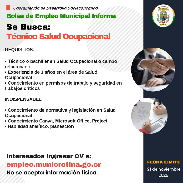 SE BUSCA Técnico Salud Ocupacional y Montacarguista-Gruero 