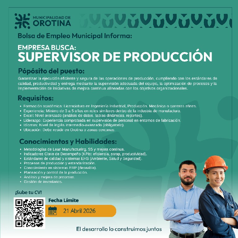 EMPRESA BUSCA SUPERVISOR DE PRODUCCIÓN Y AXILIAR CONTABLE